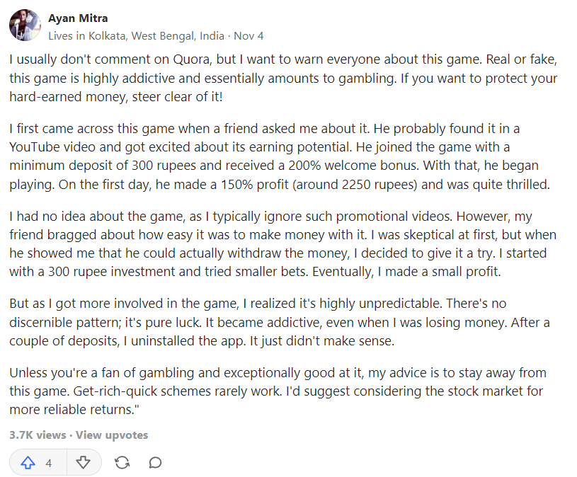 Aviator game real or fake review by Ayan Mitra from Quora