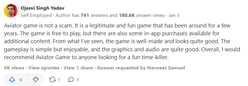 Quora Review: Aviator game real or fake review by Ayan Mitra